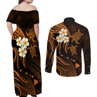 Hawaii Couples Off Shoulder Maxi Dress and Long Sleeve Button Shirts Lanai Islands Polynesian Sunset Plumeria Gold Vibe LT9 - Wonder Print Shop
