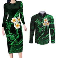 Hawaii Couples Long Sleeve Bodycon Dress and Long Sleeve Button Shirts Lanai Islands Polynesian Sunset Plumeria Green Vibe LT9 - Wonder Print Shop