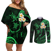 Hawaii Couples Off Shoulder Short Dress and Long Sleeve Button Shirts Lanai Islands Polynesian Sunset Plumeria Green Vibe LT9 - Wonder Print Shop