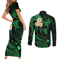 Hawaii Couples Short Sleeve Bodycon Dress and Long Sleeve Button Shirts Lanai Islands Polynesian Sunset Plumeria Green Vibe LT9 - Wonder Print Shop
