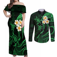 Hawaii Couples Off Shoulder Maxi Dress and Long Sleeve Button Shirts Lanai Islands Polynesian Sunset Plumeria Green Vibe LT9 - Wonder Print Shop