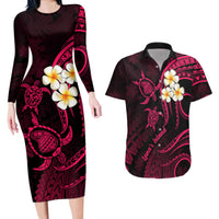 Hawaii Couples Long Sleeve Bodycon Dress and Hawaiian Shirt Lanai Islands Polynesian Sunset Plumeria Pink Vibe LT9 - Wonder Print Shop