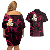 Hawaii Couples Off Shoulder Short Dress and Hawaiian Shirt Lanai Islands Polynesian Sunset Plumeria Pink Vibe LT9 - Wonder Print Shop