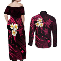 Hawaii Couples Off Shoulder Maxi Dress and Long Sleeve Button Shirts Lanai Islands Polynesian Sunset Plumeria Pink Vibe LT9 - Wonder Print Shop