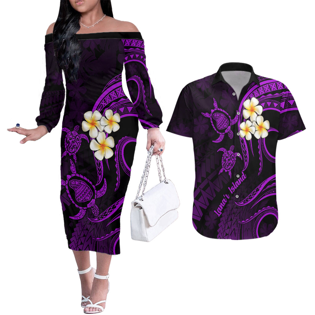 polynesian-hawaii-couples-off-the-shoulder-long-sleeve-dress-and-hawaiian-shirt-lanai-islands-with-pacific-plumeria-purple-vibe