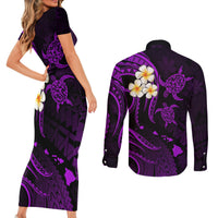 Polynesian Hawaii Couples Short Sleeve Bodycon Dress and Long Sleeve Button Shirts Lanai Islands with Pacific Plumeria Purple Vibe LT9 - Wonder Print Shop