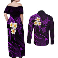 Polynesian Hawaii Couples Off Shoulder Maxi Dress and Long Sleeve Button Shirts Lanai Islands with Pacific Plumeria Purple Vibe LT9 - Wonder Print Shop