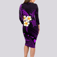 Polynesian Hawaii Long Sleeve Bodycon Dress Lanai Islands with Pacific Plumeria Purple Vibe - Wonder Print Shop
