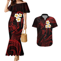 Mermaid-style Hawaiian dress in black with red sea turtle and white plumeria print