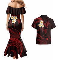 Matching black Hawaiian mermaid dress and shirt, red sea turtle and plumeria on back