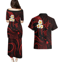 Polynesian Hawaii Couples Puletasi Dress and Hawaiian Shirt Lanai Islands with Pacific Plumeria Red Vibe LT9 - Wonder Print Shop