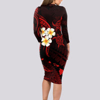 Polynesian Hawaii Long Sleeve Bodycon Dress Lanai Islands with Pacific Plumeria Red Vibe - Wonder Print Shop