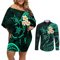 Polynesian Hawaii Couples Off Shoulder Short Dress and Long Sleeve Button Shirts Lanai Islands with Pacific Plumeria Turquoise Vibe LT9 - Wonder Print Shop