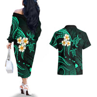Polynesian Hawaii Couples Off The Shoulder Long Sleeve Dress and Hawaiian Shirt Lanai Islands with Pacific Plumeria Turquoise Vibe LT9 - Wonder Print Shop