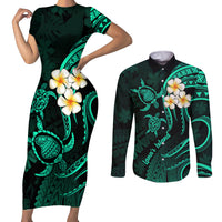 Polynesian Hawaii Couples Short Sleeve Bodycon Dress and Long Sleeve Button Shirts Lanai Islands with Pacific Plumeria Turquoise Vibe LT9 - Wonder Print Shop