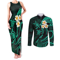Polynesian Hawaii Couples Matching Tank Maxi Dress and Long Sleeve Button Shirts Lanai Islands with Pacific Plumeria Turquoise Vibe LT9 - Wonder Print Shop