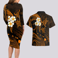 Hawaii Couples Long Sleeve Bodycon Dress and Hawaiian Shirt Kauai Islands Polynesian Sunset Plumeria Gold Vibe LT9 - Wonder Print Shop