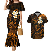Hawaii Couples Mermaid Dress And Hawaiian Shirt Kauai Islands Polynesian Sunset Plumeria Gold Vibe LT9 - Wonder Print Shop