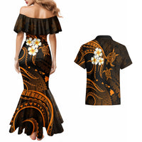 Hawaii Couples Mermaid Dress And Hawaiian Shirt Kauai Islands Polynesian Sunset Plumeria Gold Vibe LT9 - Wonder Print Shop