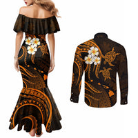 hawaii-couples-mermaid-dress-and-long-sleeve-button-shirts-kauai-islands-polynesian-sunset-plumeria-gold-vibe