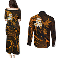Hawaii Couples Puletasi Dress and Long Sleeve Button Shirts Kauai Islands Polynesian Sunset Plumeria Gold Vibe LT9 - Wonder Print Shop