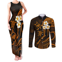 Hawaii Couples Matching Tank Maxi Dress and Long Sleeve Button Shirts Kauai Islands Polynesian Sunset Plumeria Gold Vibe LT9 - Wonder Print Shop