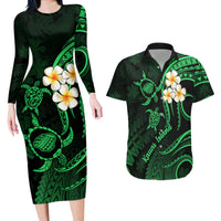 Hawaii Couples Long Sleeve Bodycon Dress and Hawaiian Shirt Kauai Islands Polynesian Sunset Plumeria Green Vibe LT9 - Wonder Print Shop
