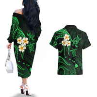 Hawaii Couples Off The Shoulder Long Sleeve Dress and Hawaiian Shirt Kauai Islands Polynesian Sunset Plumeria Green Vibe LT9 - Wonder Print Shop