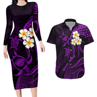 Polynesian Hawaii Couples Long Sleeve Bodycon Dress and Hawaiian Shirt Kauai Islands with Pacific Plumeria Purple Vibe LT9 - Wonder Print Shop