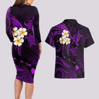 Polynesian Hawaii Couples Long Sleeve Bodycon Dress and Hawaiian Shirt Kauai Islands with Pacific Plumeria Purple Vibe LT9 - Wonder Print Shop