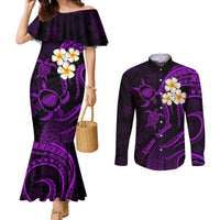 polynesian-hawaii-couples-mermaid-dress-and-long-sleeve-button-shirts-kauai-islands-with-pacific-plumeria-purple-vibe