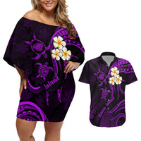 Polynesian Hawaii Couples Off Shoulder Short Dress and Hawaiian Shirt Kauai Islands with Pacific Plumeria Purple Vibe LT9 - Wonder Print Shop