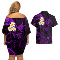 Polynesian Hawaii Couples Off Shoulder Short Dress and Hawaiian Shirt Kauai Islands with Pacific Plumeria Purple Vibe LT9 - Wonder Print Shop