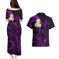 Polynesian Hawaii Couples Puletasi Dress and Hawaiian Shirt Kauai Islands with Pacific Plumeria Purple Vibe LT9 - Wonder Print Shop