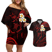 Polynesian Hawaii Couples Off Shoulder Short Dress and Hawaiian Shirt Kauai Islands with Pacific Plumeria Red Vibe LT9 - Wonder Print Shop