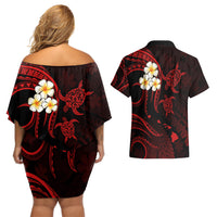 Polynesian Hawaii Couples Off Shoulder Short Dress and Hawaiian Shirt Kauai Islands with Pacific Plumeria Red Vibe LT9 - Wonder Print Shop