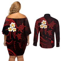 Polynesian Hawaii Couples Off Shoulder Short Dress and Long Sleeve Button Shirts Kauai Islands with Pacific Plumeria Red Vibe LT9 - Wonder Print Shop