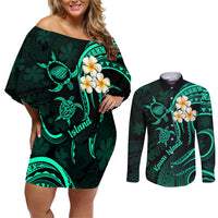 Polynesian Hawaii Couples Off Shoulder Short Dress and Long Sleeve Button Shirts Kauai Islands with Pacific Plumeria Turquoise Vibe LT9 - Wonder Print Shop