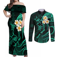 Polynesian Hawaii Couples Off Shoulder Maxi Dress and Long Sleeve Button Shirts Kauai Islands with Pacific Plumeria Turquoise Vibe LT9 - Wonder Print Shop