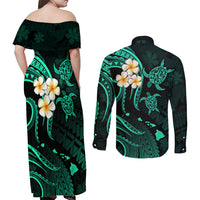 Polynesian Hawaii Couples Off Shoulder Maxi Dress and Long Sleeve Button Shirts Kauai Islands with Pacific Plumeria Turquoise Vibe LT9 - Wonder Print Shop