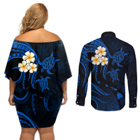 Hawaii Couples Off Shoulder Short Dress and Long Sleeve Button Shirts Kahoolawe Islands Polynesian Sunset Plumeria LT9 - Wonder Print Shop