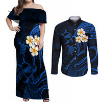Hawaii Couples Off Shoulder Maxi Dress and Long Sleeve Button Shirts Kahoolawe Islands Polynesian Sunset Plumeria LT9 - Wonder Print Shop