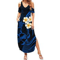Women’s cold-shoulder maxi dress in dark blue with plumeria flower print, side slit