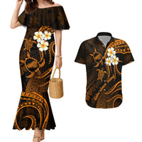 Hawaii Couples Mermaid Dress And Hawaiian Shirt Kahoolawe Islands Polynesian Sunset Plumeria Gold Vibe LT9 - Wonder Print Shop