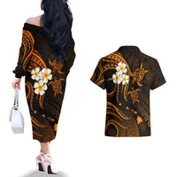 Hawaii Couples Off The Shoulder Long Sleeve Dress and Hawaiian Shirt Kahoolawe Islands Polynesian Sunset Plumeria Gold Vibe LT9 - Wonder Print Shop