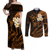 Hawaii Couples Off Shoulder Maxi Dress and Long Sleeve Button Shirts Kahoolawe Islands Polynesian Sunset Plumeria Gold Vibe LT9 - Wonder Print Shop