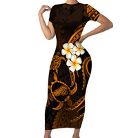 Hawaii Short Sleeve Bodycon Dress Kahoolawe Islands Polynesian Sunset Plumeria Gold Vibe - Wonder Print Shop