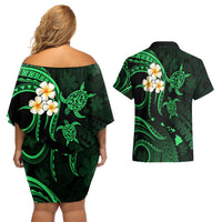 Hawaii Couples Off Shoulder Short Dress and Hawaiian Shirt Kahoolawe Islands Polynesian Sunset Plumeria Green Vibe LT9 - Wonder Print Shop