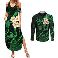 Hawaii Couples Summer Maxi Dress and Long Sleeve Button Shirts Kahoolawe Islands Polynesian Sunset Plumeria Green Vibe LT9 - Wonder Print Shop