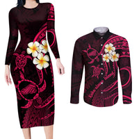 Hawaii Couples Long Sleeve Bodycon Dress and Long Sleeve Button Shirts Kahoolawe Islands Polynesian Sunset Plumeria Pink Vibe LT9 - Wonder Print Shop